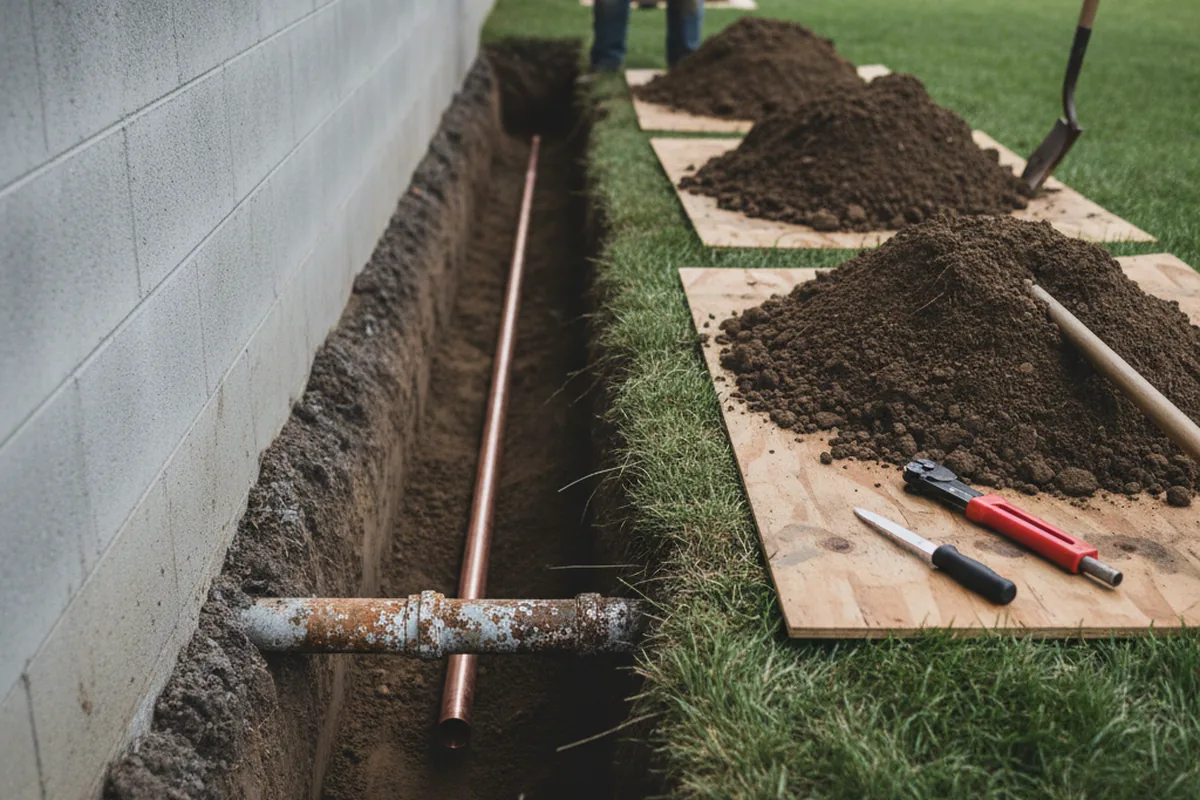 Excavated water line trench during Sewer Line Repair in Rosamond